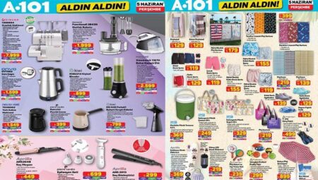 A101 AFİŞİ 5 HAZİRAN 2025 – HAFTANIN YENİ ESERLERİ || A101 aktüel kataloğu bu hafta neler sunuyor, hangi eserler gelecek? Buharlı kırışık giderici, overlok makinesi, plaj eserleri A101’lere geliyor!